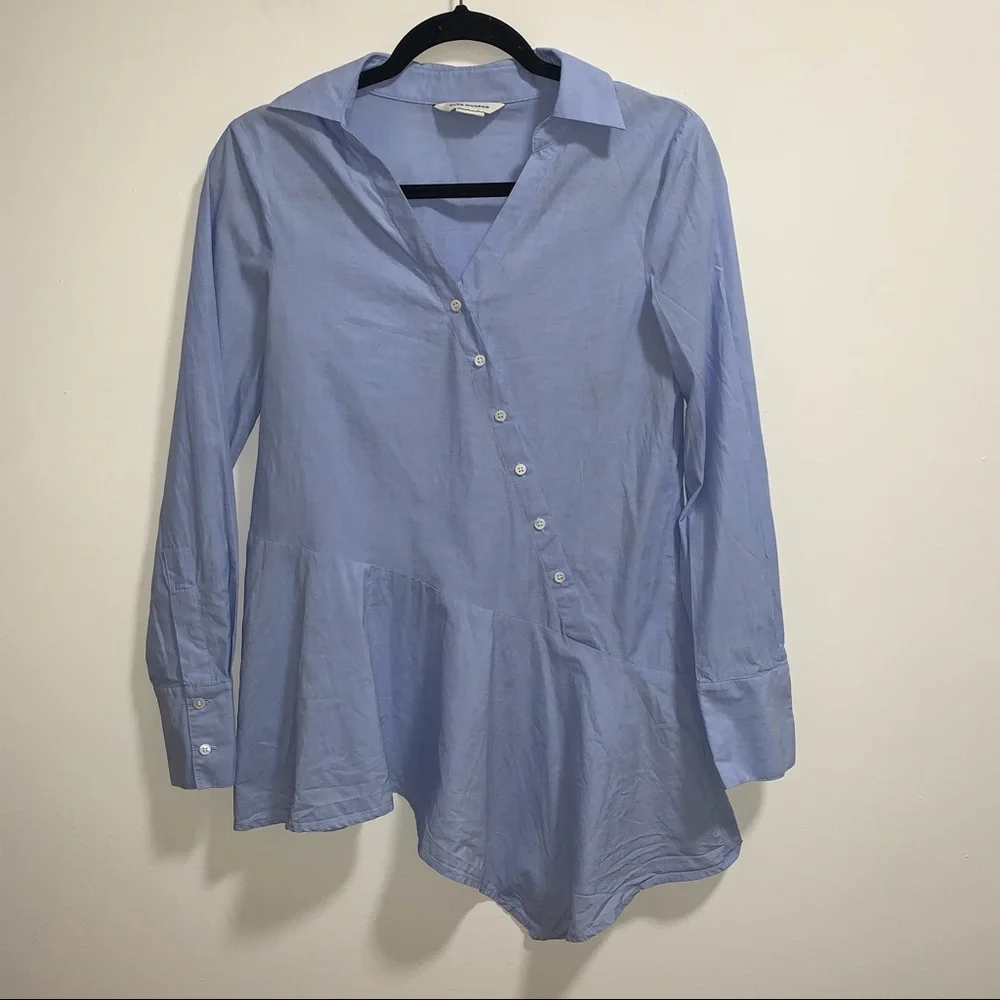 Club Monaco Blue 100% Cotton Nechar Asymmetrical Button Up With Ruffled Hem - Picture 4 of 8